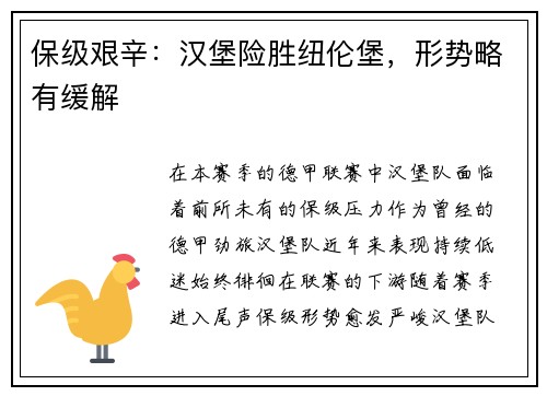 保级艰辛：汉堡险胜纽伦堡，形势略有缓解