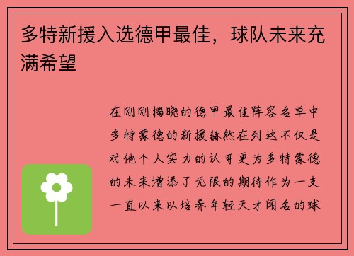 多特新援入选德甲最佳，球队未来充满希望